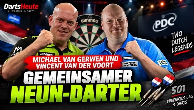 Michael van Gerwen und Vincent van der Voort werfen gemeinsam einen Neun-Darter während eines Darts-Livestreams.