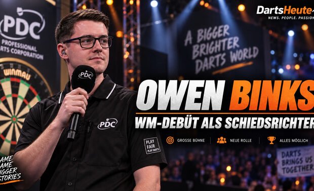 Owen Binks vor seinem Debüt als PDC-Schiedsrichter bei der Darts WM 2027 im Alexandra Palace.