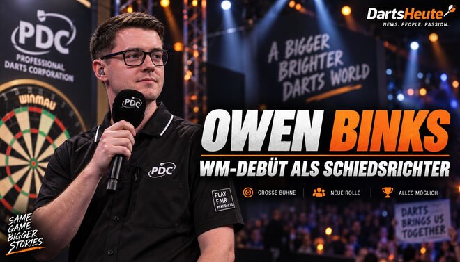 Owen Binks vor seinem Debüt als PDC-Schiedsrichter bei der Darts WM 2027 im Alexandra Palace.