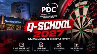 PDC Q-School 2027 in Kalkar und Milton Keynes mit Informationen zur Anmeldung, den Terminen und der Vergabe der Tour Cards.