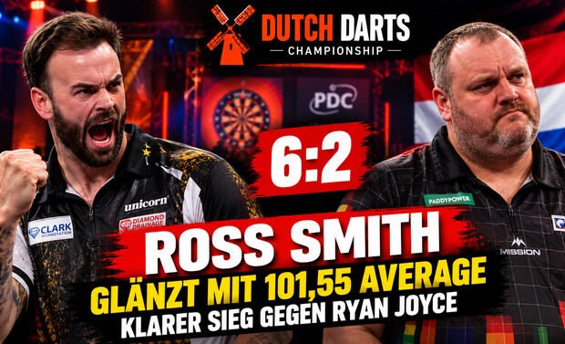 Ross Smith besiegt Ryan Joyce bei der Dutch Darts Championship 2026 mit 6:2 und überzeugt mit einem Average von 101,55 Punkten.