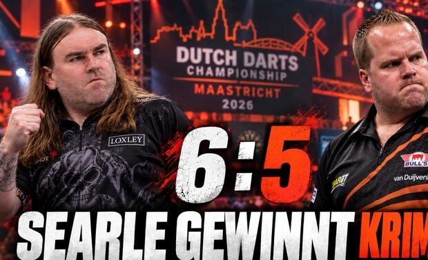 Ryan Searle besiegt Dirk van Duijvenbode bei der Dutch Darts Championship 2026 in Maastricht mit 6:5.