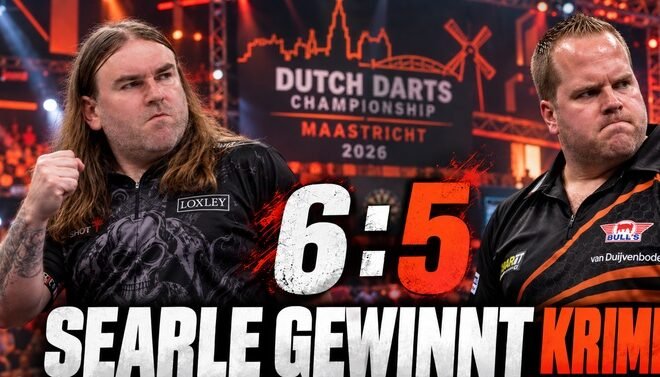 Ryan Searle besiegt Dirk van Duijvenbode bei der Dutch Darts Championship 2026 in Maastricht mit 6:5.