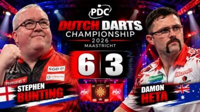 Stephen Bunting besiegt Damon Heta bei der Dutch Darts Championship 2026 in Maastricht mit 6:3 und erreicht das Halbfinale.