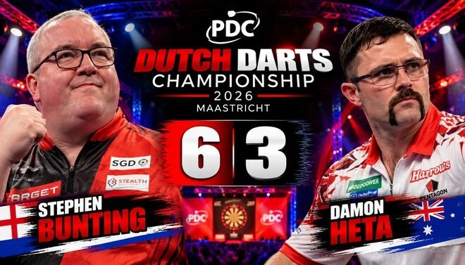 Stephen Bunting besiegt Damon Heta bei der Dutch Darts Championship 2026 in Maastricht mit 6:3 und erreicht das Halbfinale.