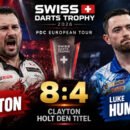 Jonny Clayton besiegt Luke Humphries mit 8:4 im Finale der Swiss Darts Trophy 2026 in Basel.