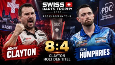 Jonny Clayton besiegt Luke Humphries mit 8:4 im Finale der Swiss Darts Trophy 2026 in Basel.