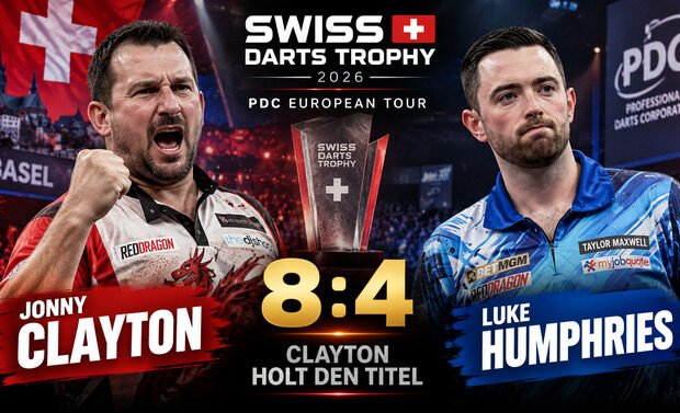 Jonny Clayton besiegt Luke Humphries mit 8:4 im Finale der Swiss Darts Trophy 2026 in Basel.